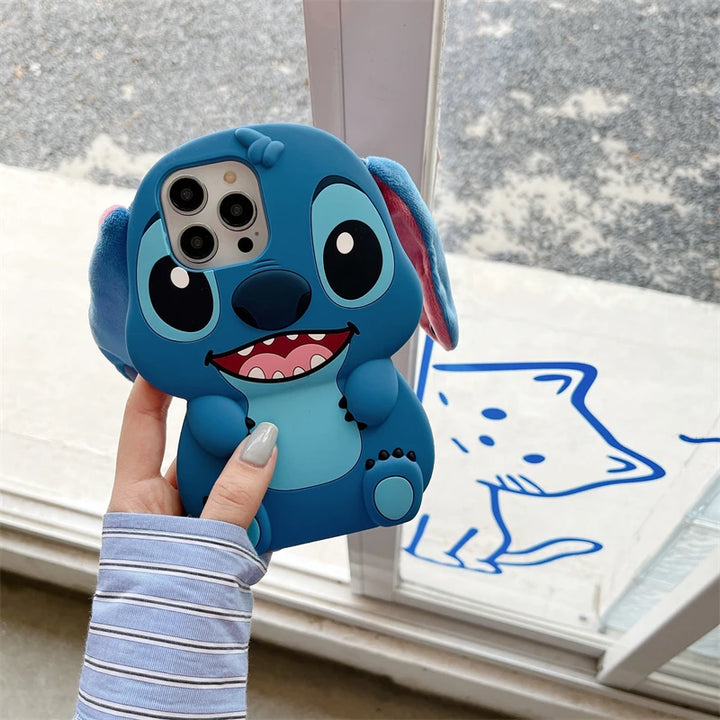 For iPhone 16 promax 15 14 Pro Max 13 12 11 So Cute 3D Cartoon Stitch Phone Case Soft Silicone Fur Plush Ear Strap Cover