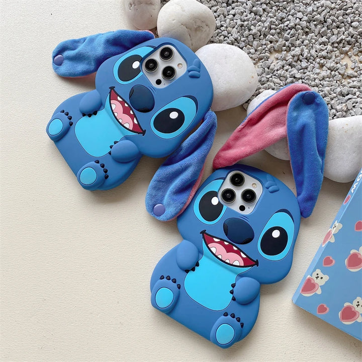 For iPhone 16 promax 15 14 Pro Max 13 12 11 So Cute 3D Cartoon Stitch Phone Case Soft Silicone Fur Plush Ear Strap Cover