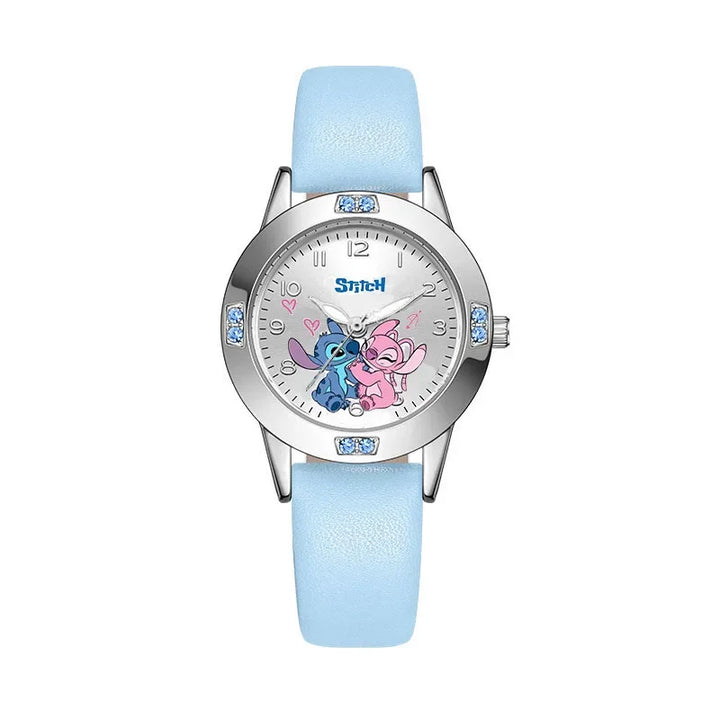 Disney Stitch Girl's Watches Diamond Quartz Watch for Women Stich Cartoon Leather Wristwatches Fashion Steel Belt Watch Gift