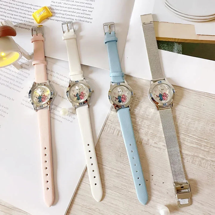 Disney Stitch Girl's Watches Diamond Quartz Watch for Women Stich Cartoon Leather Wristwatches Fashion Steel Belt Watch Gift