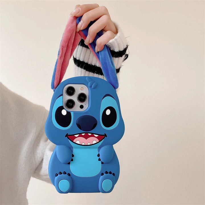 For iPhone 16 promax 15 14 Pro Max 13 12 11 So Cute 3D Cartoon Stitch Phone Case Soft Silicone Fur Plush Ear Strap Cover