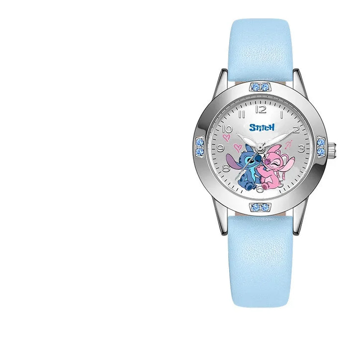 Disney Stitch Girl's Watches Diamond Quartz Watch for Women Stich Cartoon Leather Wristwatches Fashion Steel Belt Watch Gift