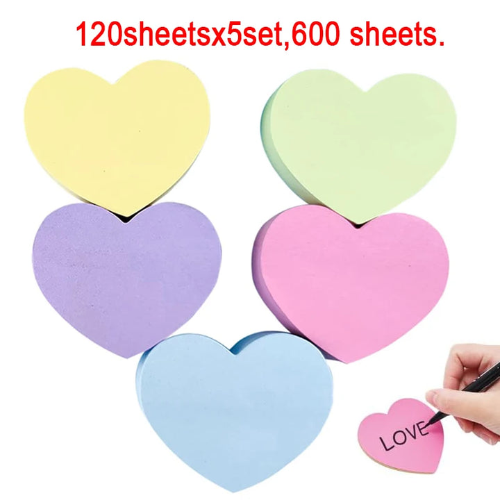 5set/600 Sheets Heart Sticky Notes Notepad Self Sticky Note Pads Notebook Planner Sticker For Home Office School Stationery