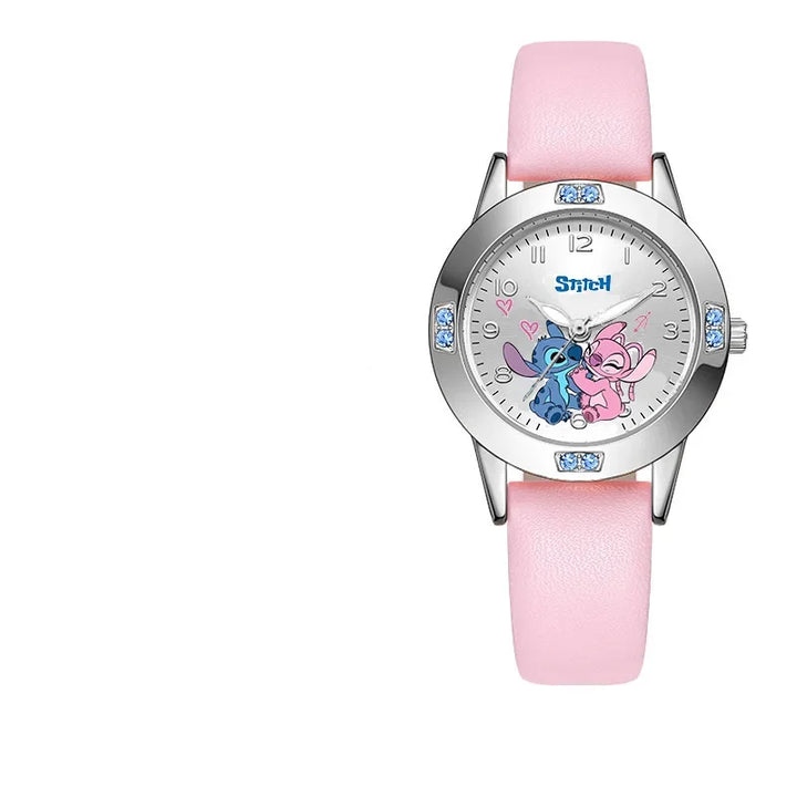 Disney Stitch Girl's Watches Diamond Quartz Watch for Women Stich Cartoon Leather Wristwatches Fashion Steel Belt Watch Gift