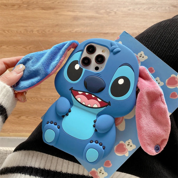 For iPhone 16 promax 15 14 Pro Max 13 12 11 So Cute 3D Cartoon Stitch Phone Case Soft Silicone Fur Plush Ear Strap Cover