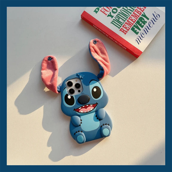 For iPhone 16 promax 15 14 Pro Max 13 12 11 So Cute 3D Cartoon Stitch Phone Case Soft Silicone Fur Plush Ear Strap Cover