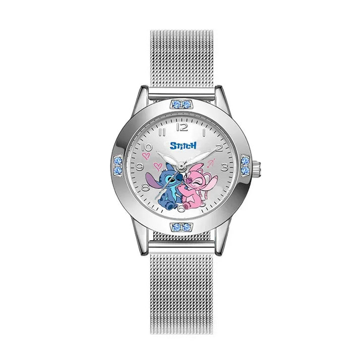 Disney Stitch Girl's Watches Diamond Quartz Watch for Women Stich Cartoon Leather Wristwatches Fashion Steel Belt Watch Gift