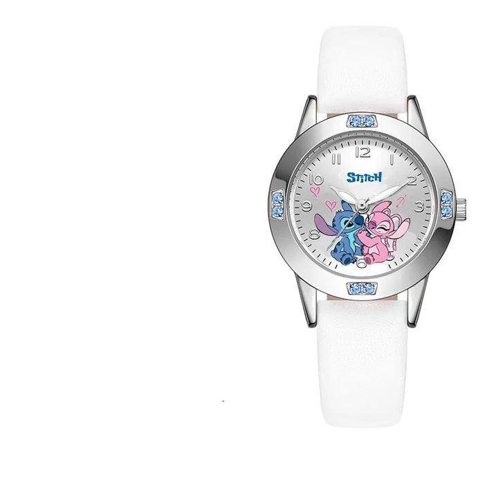 Disney Stitch Girl's Watches Diamond Quartz Watch for Women Stich Cartoon Leather Wristwatches Fashion Steel Belt Watch Gift